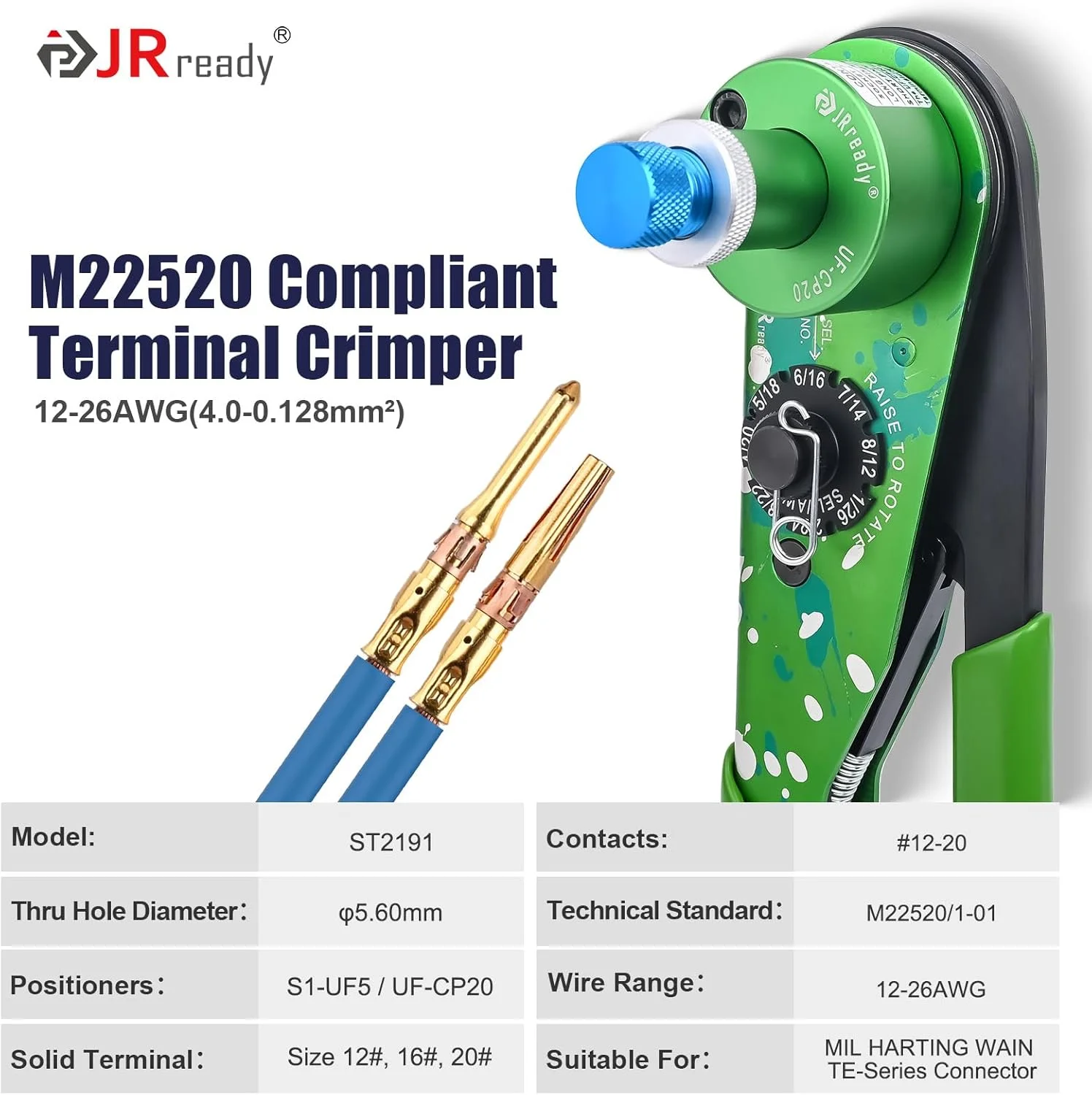 ابزار پرس JRready ST2191، ابزار پرس هوانوردی با موقعیت‌یاب UF5، ابزار پرس اتصالات جامد NEW-AS1G(M22520/1-01) برای سیم‌های 12-26AWG مناسب برای خودرو، موتورسیکلت و دریایی