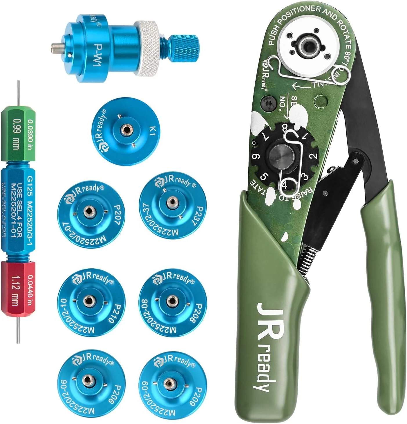 کیت ابزار پرس چهار فرورفتگی JRready مدل ST2060: پرس YJQ-W1A + هفت موقعیت دهنده + گیج G125 Go-NoGo برای پرس کردن سیم/کابل/پین/سوکت/ترمینال در کانکتور