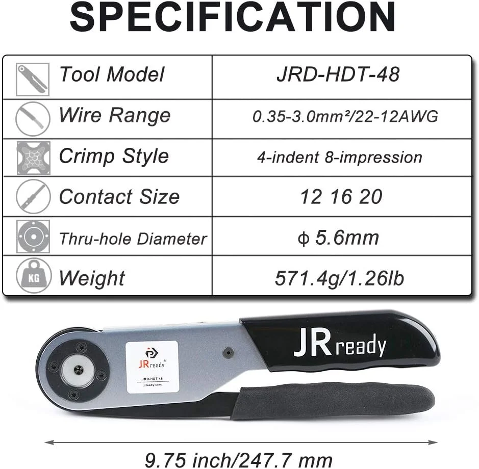 ابزار پرس سرسیم JRready JRD-HDT-48 مناسب برای سیم با محدوده 12-22AWG برای ترمینال های 12#، 16#، 20# Deutsch سازگار با کانکتورهای سری Deutsch DT DTM DTP ابزار پرس سرسیم JRready JRD-HDT-48 مناسب برای سیم با محدوده 12-22AWG برای ترمینال های 12#، 16#، 20# Deutsch سازگار با کانکتورهای سری Deutsch DT DTM DTP