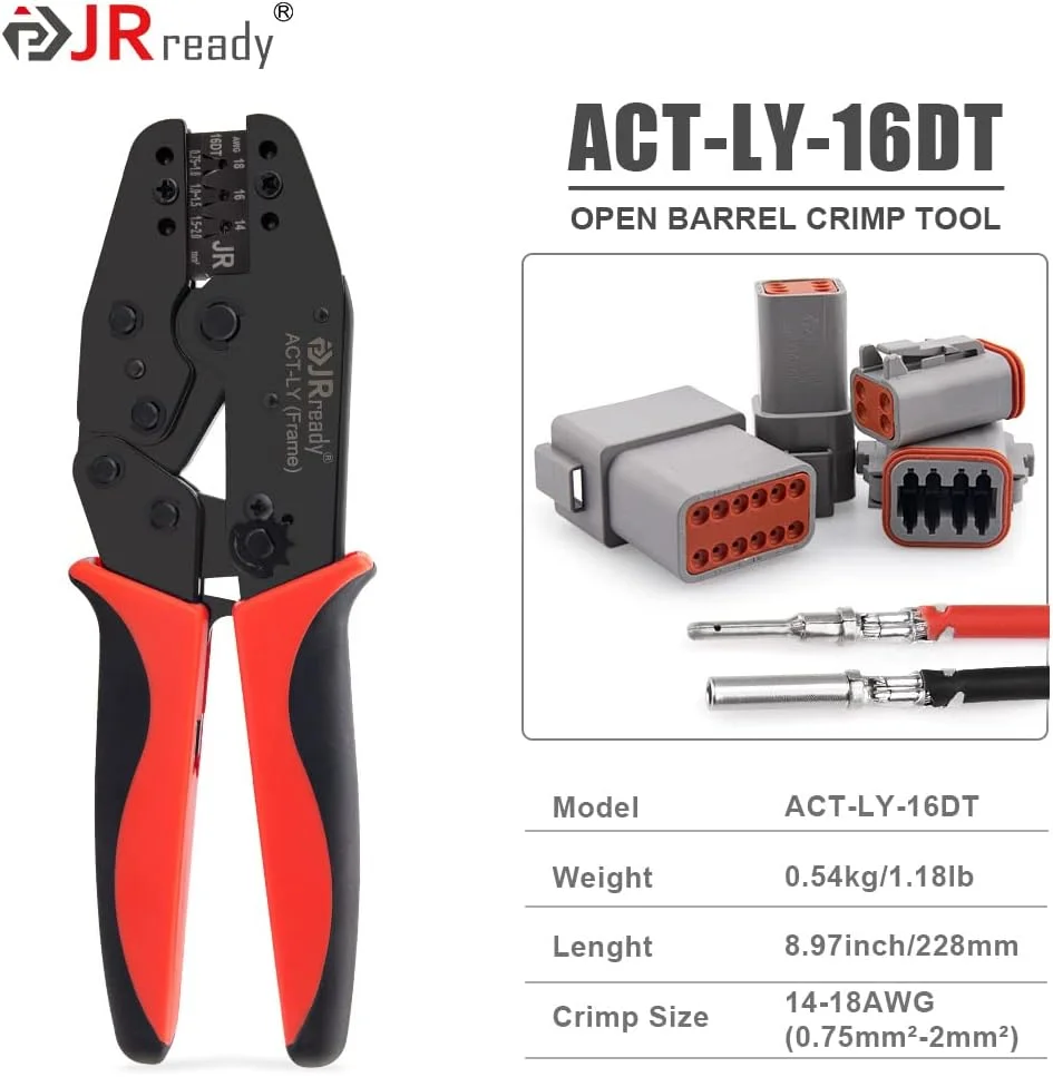 ابزار پرس کانکتور JRready Deutsch مدل ACT-LY-16DT - ابزار پرس ترمینال Deutsch Open Barrel برای کانکتور DT، مناسب برای کنتاکت های سایز 16 با کیفیت OEM (سایز سیم 14-18 AWG)