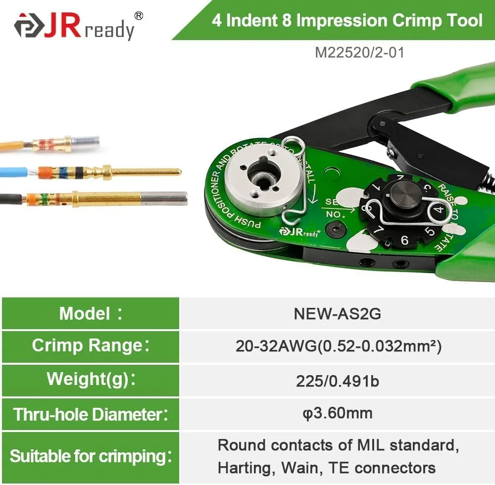 کیت ابزار پرس چهار فرورفتگی JRready مدل ST2060: پرس YJQ-W1A + هفت موقعیت دهنده + گیج G125 Go-NoGo برای پرس کردن سیم/کابل/پین/سوکت/ترمینال در کانکتور