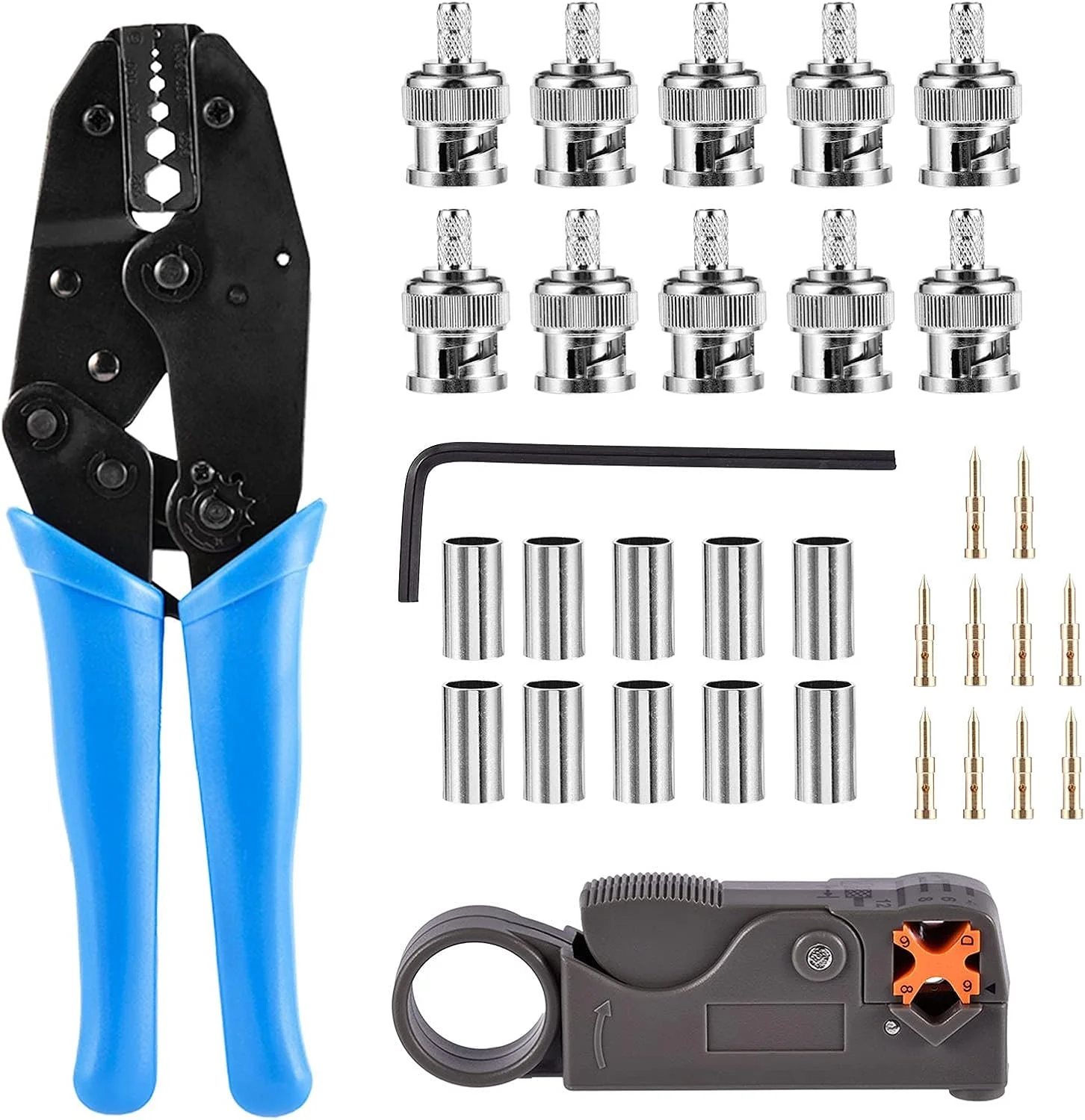 مجموعه ابزار پرس کواکسیال RF/BNC کینگ برا، سیم لخت کن چرخشی کابل کواکسیال برای RG58 به همراه 10 عدد کانکتور پرس BNC