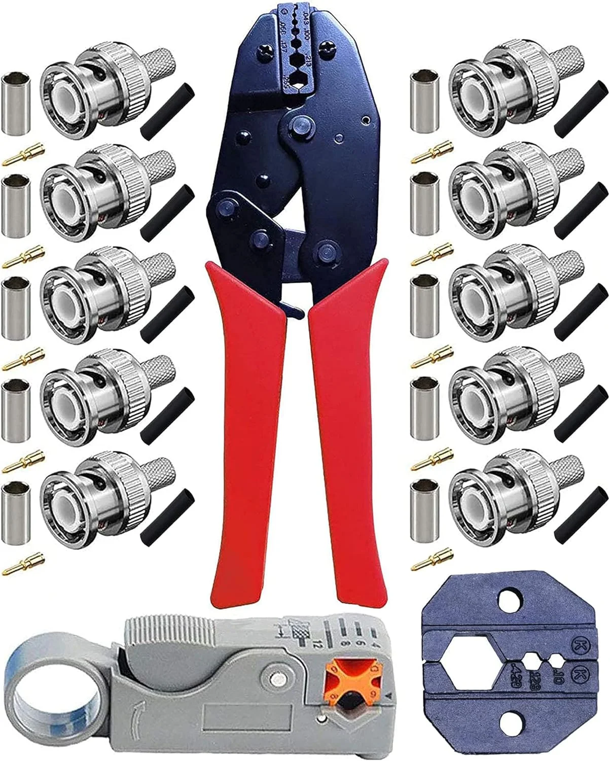 مجموعه ابزار پرس BNC، انبر پرس جغجغه ای BNC/TNC و سیم لخت کن چرخشی کابل کواکسیال به همراه 10 عدد کانکتور نری BNC برای RG58