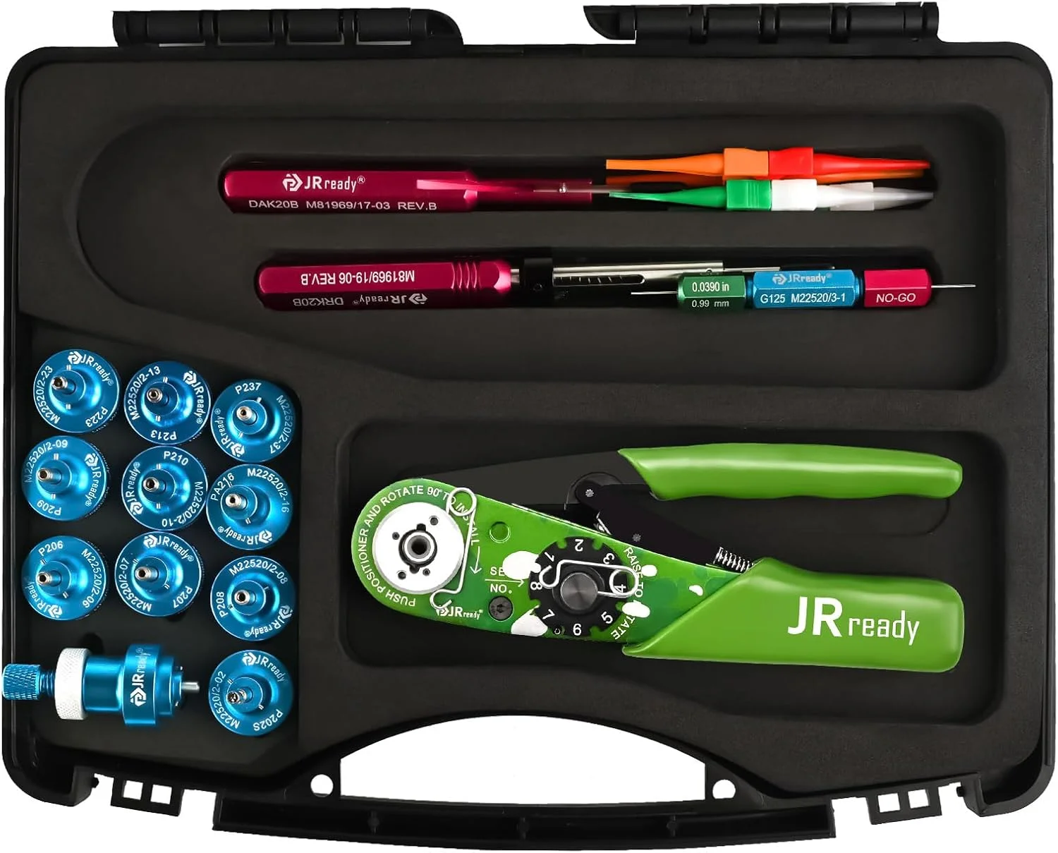 جعبه ابزار پرس JRready ST2161-1 مدل NEW-AS2G به همراه ابزار پرس M22520/2-01، گیج G125 GO NO-GO، یازده عدد پوزیشنر DAK20B DRK20B M81969/14-01 M81969/14-10 و ابزار نصب و جداسازی