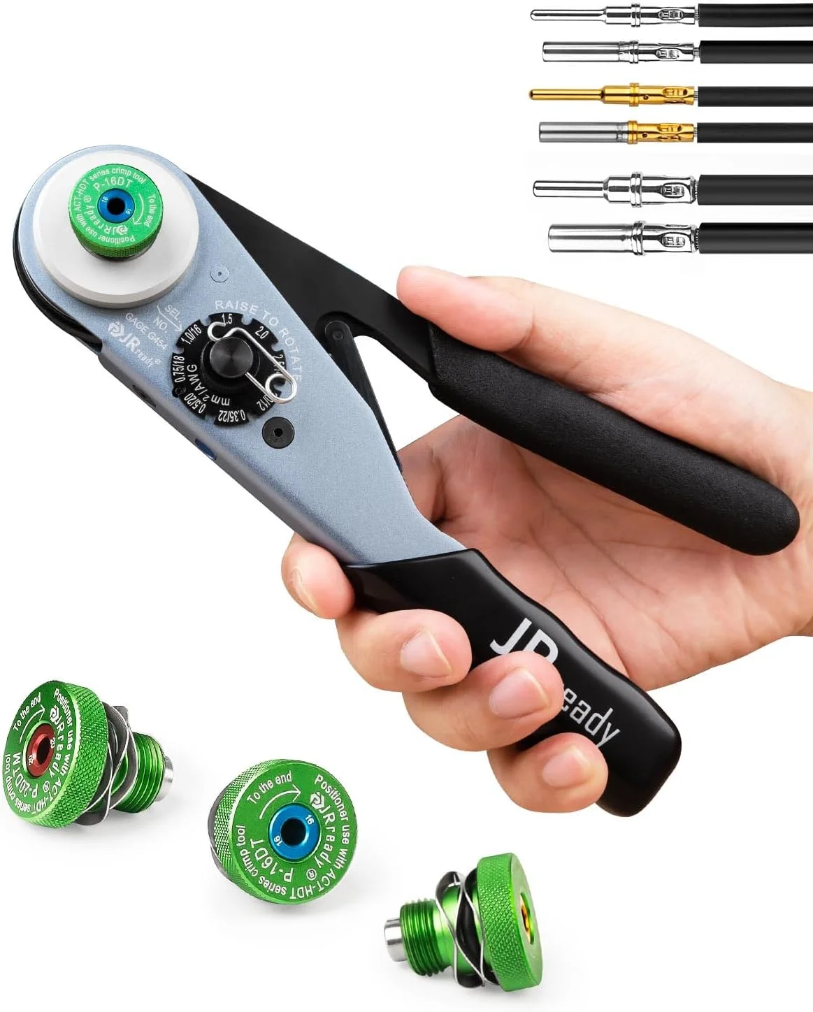 ابزار پرس سرسیم JRready ST2169 Deutsch برای کانکتورهای DT, DTM, DTP و Amphenol سری ATP ATM سایز 16، 20، 12 پین و سوکت های جامد، ابزار پرس سرسیم بشکه بسته به همراه سه موقعیت دهنده