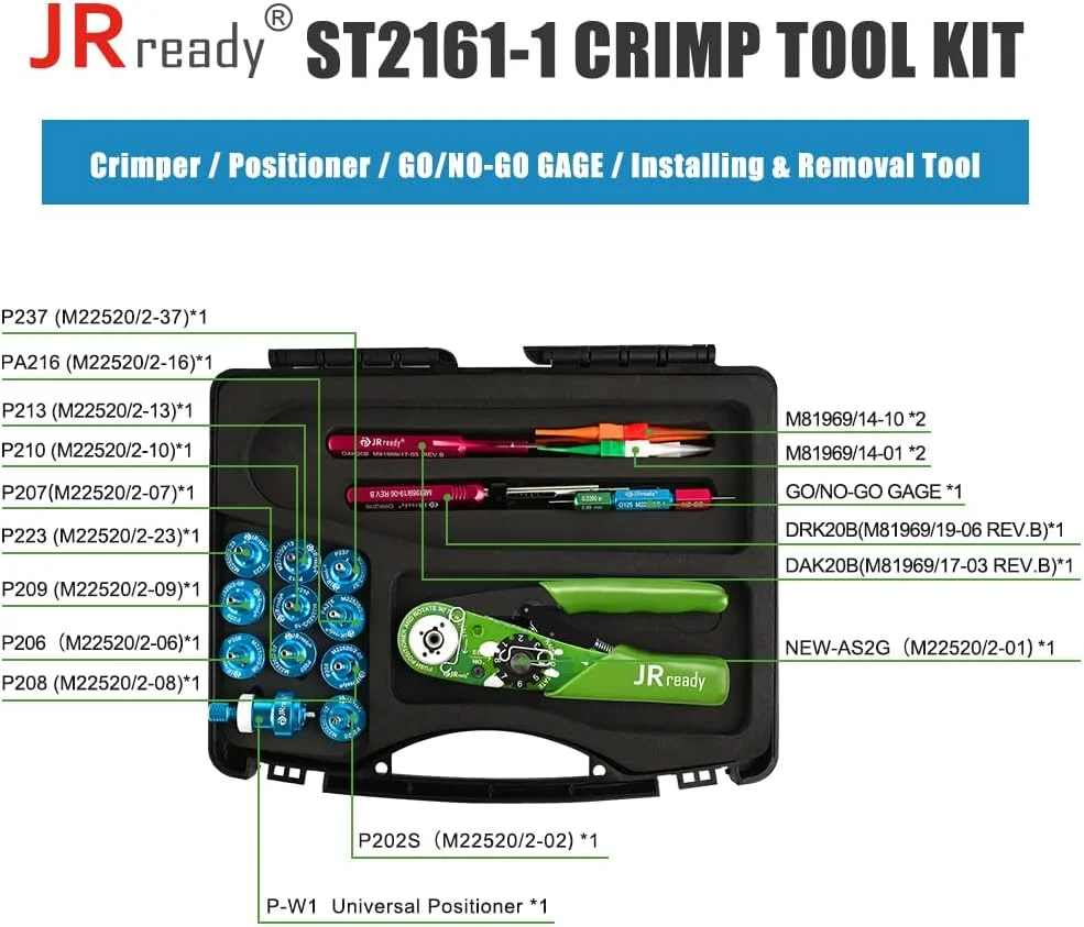 جعبه ابزار پرس JRready ST2161-1 مدل NEW-AS2G به همراه ابزار پرس M22520/2-01، گیج G125 GO NO-GO، یازده عدد پوزیشنر DAK20B DRK20B M81969/14-01 M81969/14-10 و ابزار نصب و جداسازی جعبه ابزار پرس JRready ST2161-1 مدل NEW-AS2G به همراه ابزار پرس M22520/2-01، گیج G125 GO NO-GO، یازده عدد پوزیشنر DAK20B DRK20B M81969/14-01 M81969/14-10 و ابزار نصب و جداسازی