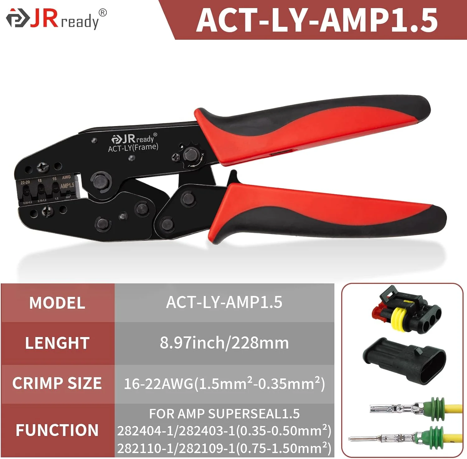 ابزار پرس سوپرسیل JRready مدل ST2160، ابزار پرس کانکتور سیم خودرو سری SUPERSEAL 1.5، ترمینال بشکه باز، پرس سیم جغجغه ای 22-16AWG مدل ACT-LY-AMP1.5
