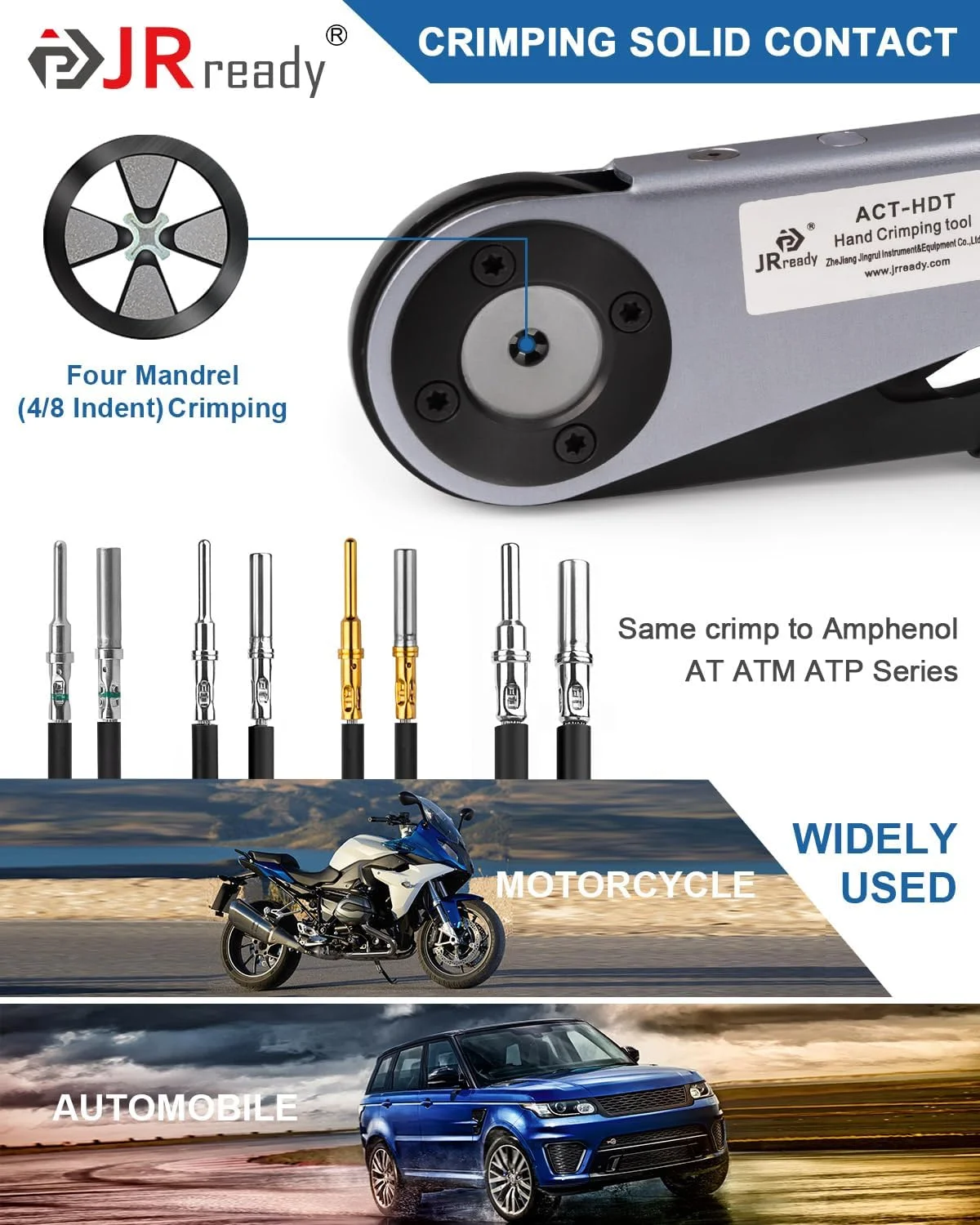 ابزار پرس سرسیم JRready ST2169 Deutsch برای کانکتورهای DT, DTM, DTP و Amphenol سری ATP ATM سایز 16، 20، 12 پین و سوکت های جامد، ابزار پرس سرسیم بشکه بسته به همراه سه موقعیت دهنده