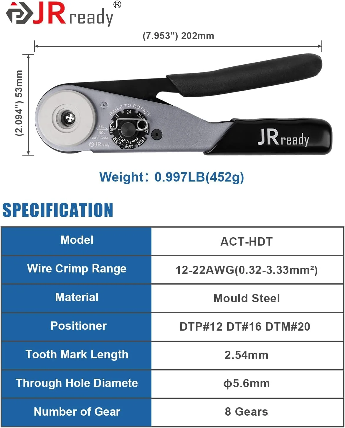 ابزار پرس سرسیم JRready ST2169 Deutsch برای کانکتورهای DT, DTM, DTP و Amphenol سری ATP ATM سایز 16، 20، 12 پین و سوکت های جامد، ابزار پرس سرسیم بشکه بسته به همراه سه موقعیت دهنده