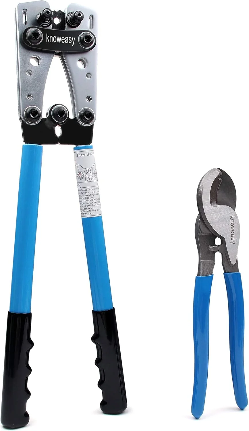 ابزار پرس سر کابل باتری Knoweasy به همراه سیم لخت کن - ابزار پرس برای کابل های ضخیم سایزهای 8، 6، 4، 2، 1، 1/0 AWG، ترمینال های باتری و سر کابل های مسی