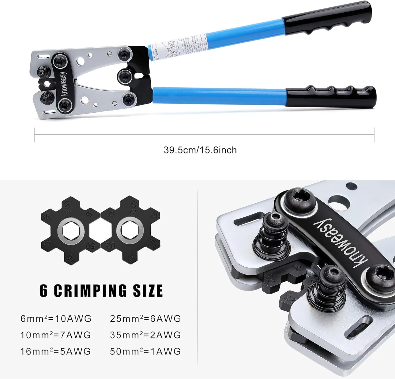 ابزار پرس سر کابل باتری Knoweasy به همراه سیم لخت کن - ابزار پرس برای کابل های ضخیم سایزهای 8، 6، 4، 2، 1، 1/0 AWG، ترمینال های باتری و سر کابل های مسی