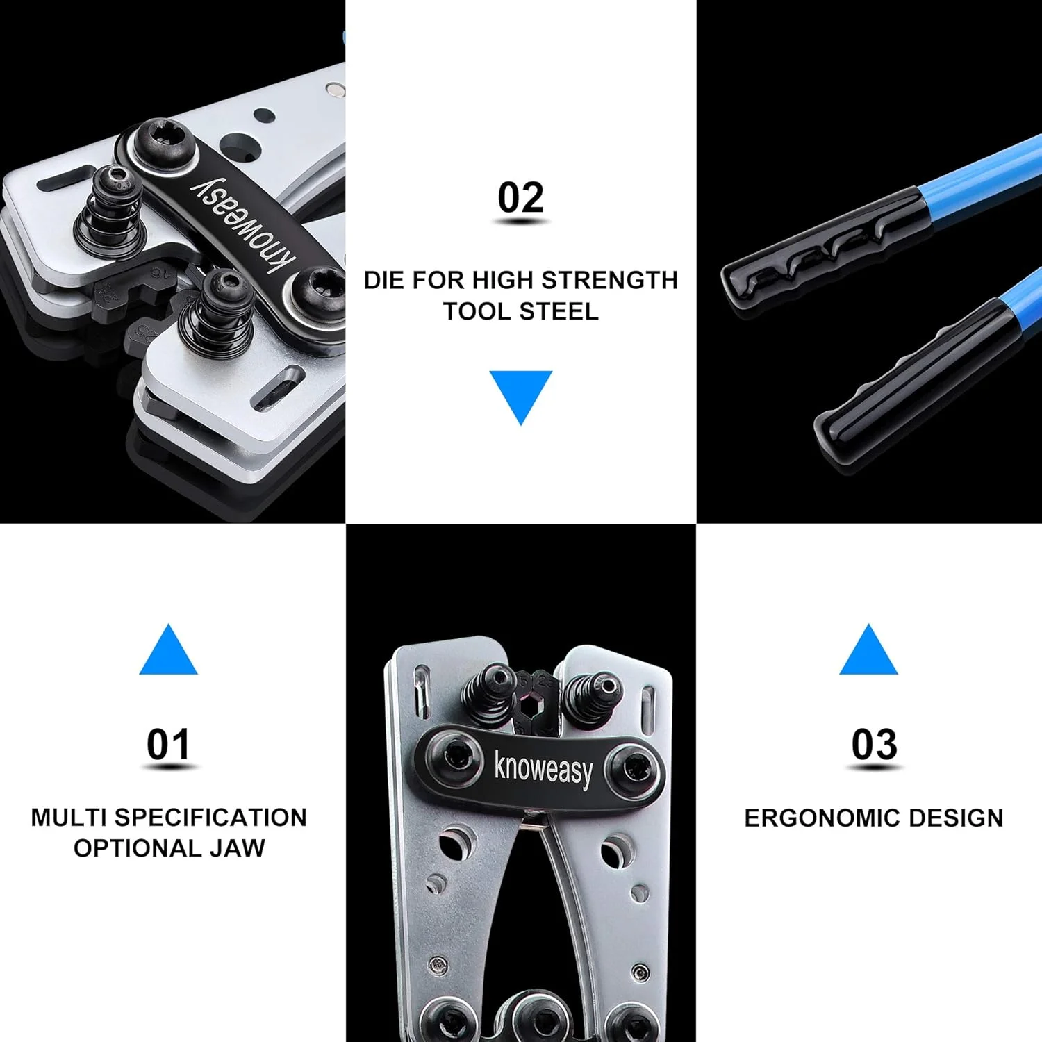 ابزار پرس سر کابل باتری Knoweasy به همراه سیم لخت کن - ابزار پرس برای کابل های ضخیم سایزهای 8، 6، 4، 2، 1، 1/0 AWG، ترمینال های باتری و سر کابل های مسی