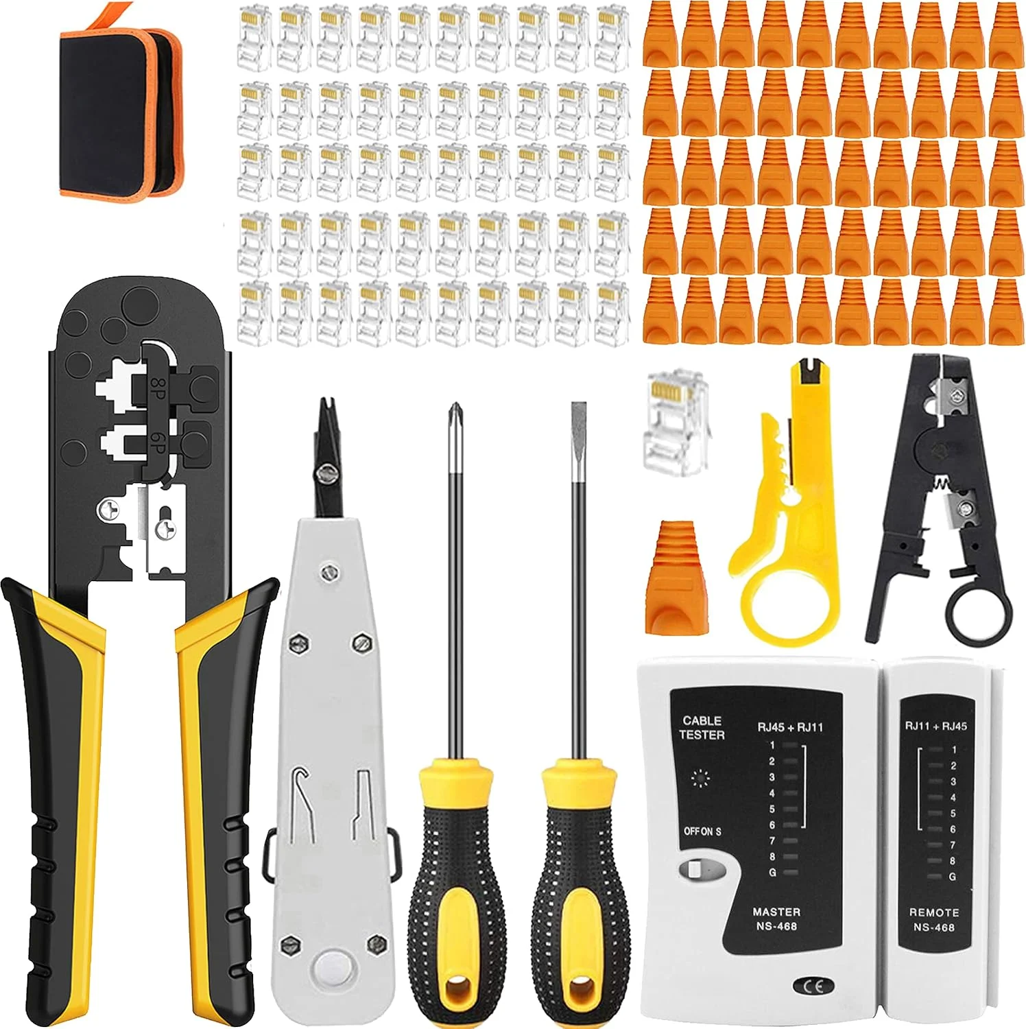 مجموعه ابزار پرس RJ45 LEATBUY-TECH شامل ابزار پرس RJ45 Cat5 Cat5e Cat6، 50 عدد کانکتور عبوری RJ45 Cat6، 50 عدد روکش، تستر کابل شبکه، سیم لخت کن (خاکستری)
