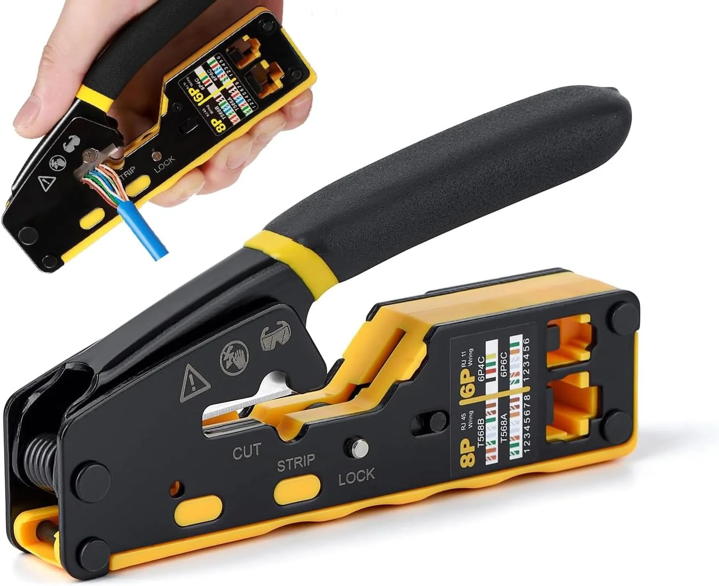 ابزار پرس RJ45 عبوری، ایده آل برای لخت کردن، برش و پرس کابل های CAT5، CAT6، CAT7 و کانکتورهای RJ11 استاندارد بدون شیلد و شیلد دار با گیره دم چلچله ای