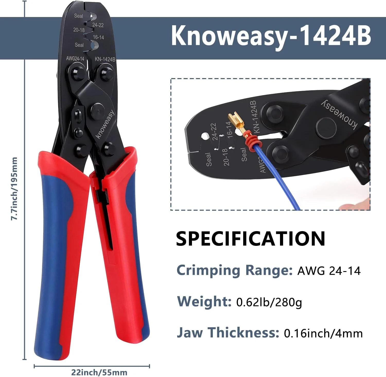 ابزار پرس سرسیم Knoweasy Weatherpack و ابزار پرس ترمینال باز بشکه ای برای Molex، Delphi، AMP/Tyco، Harley - سیم چین سازگار با سری Deutsch DT، AWG 24-14 مدل 1424B