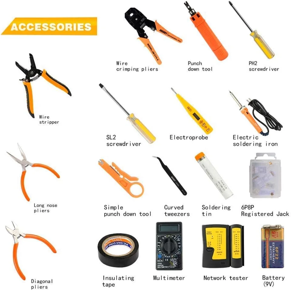 مجموعه ابزار پرس LEATBUY CAT5 CAT6 RJ45، ابزار پرس Cat5e، 50 عدد کانکتور، 50 عدد روکش، تستر کابل شبکه LAN، سیم لخت کن اترنت (نارنجی)