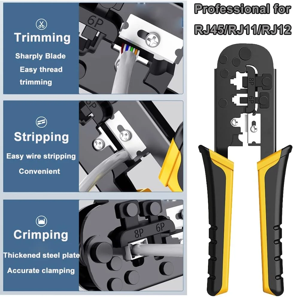 مجموعه ابزار پرس RJ45 LEATBUY-TECH شامل ابزار پرس RJ45 Cat5 Cat5e Cat6، 50 عدد کانکتور عبوری RJ45 Cat6، 50 عدد روکش، تستر کابل شبکه، سیم لخت کن (خاکستری)