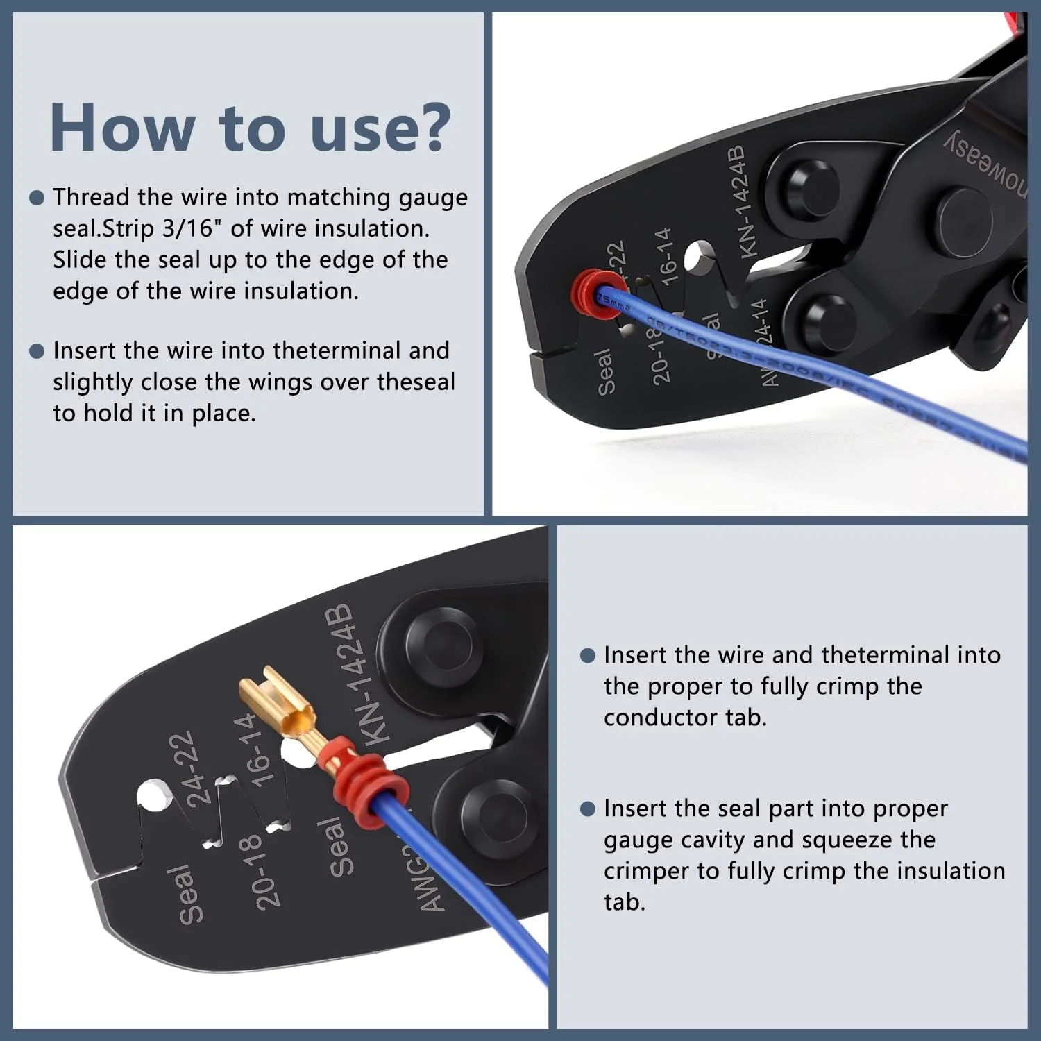 ابزار پرس سرسیم Knoweasy Weatherpack و ابزار پرس ترمینال باز بشکه ای برای Molex، Delphi، AMP/Tyco، Harley - سیم چین سازگار با سری Deutsch DT، AWG 24-14 مدل 1424B