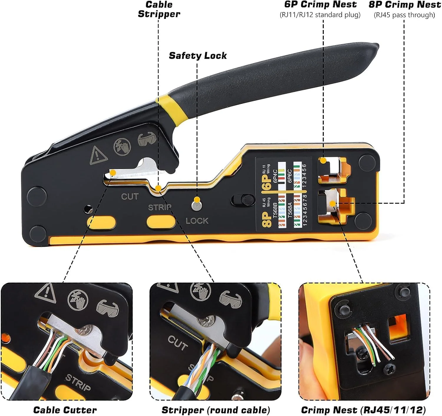 ابزار پرس RJ45 عبوری، ایده آل برای لخت کردن، برش و پرس کابل های CAT5، CAT6، CAT7 و کانکتورهای RJ11 استاندارد بدون شیلد و شیلد دار با گیره دم چلچله ای ابزار پرس RJ45 عبوری، ایده آل برای لخت کردن، برش و پرس کابل های CAT5، CAT6، CAT7 و کانکتورهای RJ11 استاندارد بدون شیلد و شیلد دار با گیره دم چلچله ای
