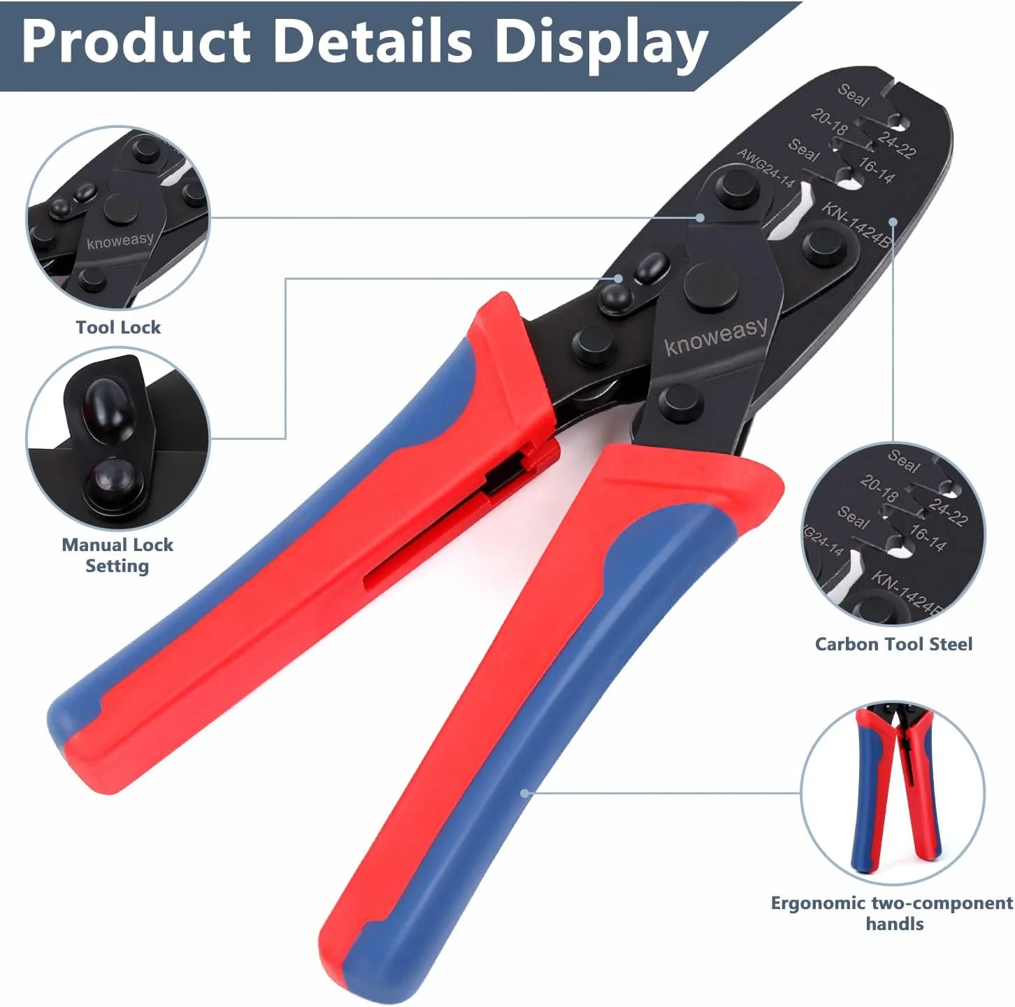 ابزار پرس سرسیم Knoweasy Weatherpack و ابزار پرس ترمینال باز بشکه ای برای Molex، Delphi، AMP/Tyco، Harley - سیم چین سازگار با سری Deutsch DT، AWG 24-14 مدل 1424B