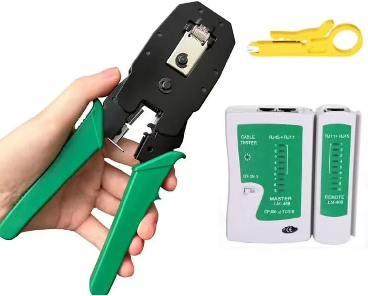 مجموعه ابزار پرس RJ45 شامل ابزار پرس Cat5 Cat5e Cat6 RJ45، ابزار پانچ سیم، سیم لخت کن و تستر کابل شبکه