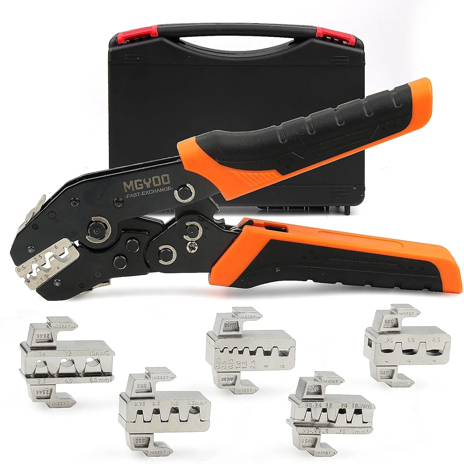ست ابزار پرس سیم MGYOO، ابزار پرس سیم جغجغه ای 7 تکه برای کانکتور نایلونی عایق دار، کانکتورهای لب به لب غیر عایق، ترمینال های حلقه ای، ترمینال های لوله ای باز، کانکتورهای خورشیدی - ابزار پرس با 6 قالب