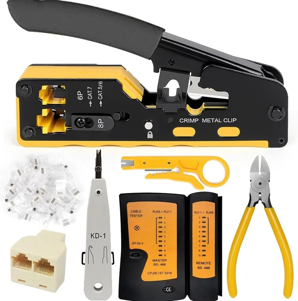 ست ابزار پرس RJ45 MIKUER، ابزار پرس عبوری اترنت، ست تعمیر ابزار پرس شبکه Cat5 Cat6 Cat7 شامل تستر کابل، سیم لخت کن کوچک، تیغه ها، 10 عدد کانکتور
