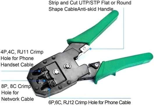 مجموعه ابزار پرس RJ45 شامل ابزار پرس Cat5 Cat5e Cat6 RJ45، ابزار پانچ سیم، سیم لخت کن و تستر کابل شبکه