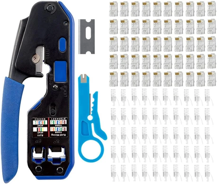 ست ابزار پرس RJ45 LSLANSOON، پرس کننده کابل شبکه CAT5 CAT5e CAT6، ابزار برش و لخت کردن کابل داده ماژولار برای کانکتورهای استاندارد RJ11/RJ12 و RJ45 (پرس کننده همراه با پلاگ)
