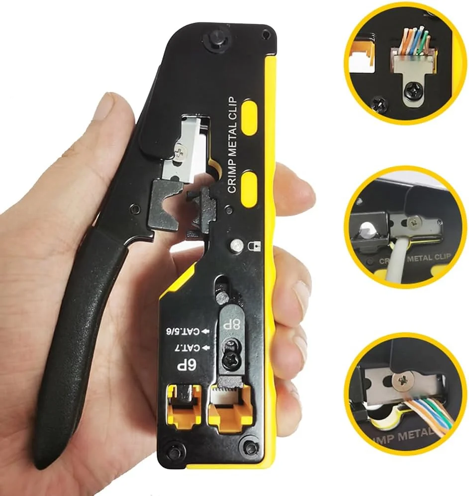 ست ابزار پرس RJ45 MIKUER، ابزار پرس عبوری اترنت، ست تعمیر ابزار پرس شبکه Cat5 Cat6 Cat7 شامل تستر کابل، سیم لخت کن کوچک، تیغه ها، 10 عدد کانکتور