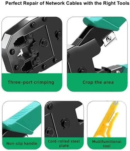 مجموعه ابزار پرس RJ45 شامل ابزار پرس Cat5 Cat5e Cat6 RJ45، ابزار پانچ سیم، سیم لخت کن و تستر کابل شبکه