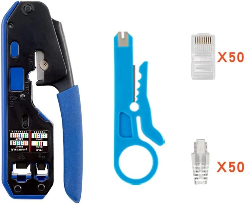 ست ابزار پرس RJ45 LSLANSOON، پرس کننده کابل شبکه CAT5 CAT5e CAT6، ابزار برش و لخت کردن کابل داده ماژولار برای کانکتورهای استاندارد RJ11/RJ12 و RJ45 (پرس کننده همراه با پلاگ)