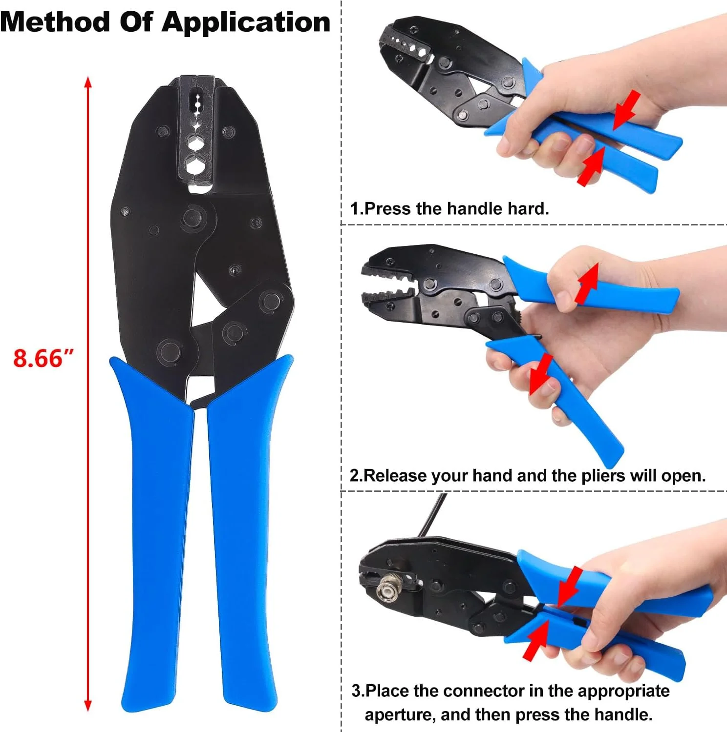 مجموعه ابزار پرس کابل کواکسیال mxuteuk شامل 1 عدد ابزار پرس جغجغه ای سنگین، 1 عدد سیم لخت کن کواکسیال، 1 عدد سیم چین و 6 عدد کانکتور نر BNC/2 عدد UHF برای RG58/RG59/RG62/RG142/RG174