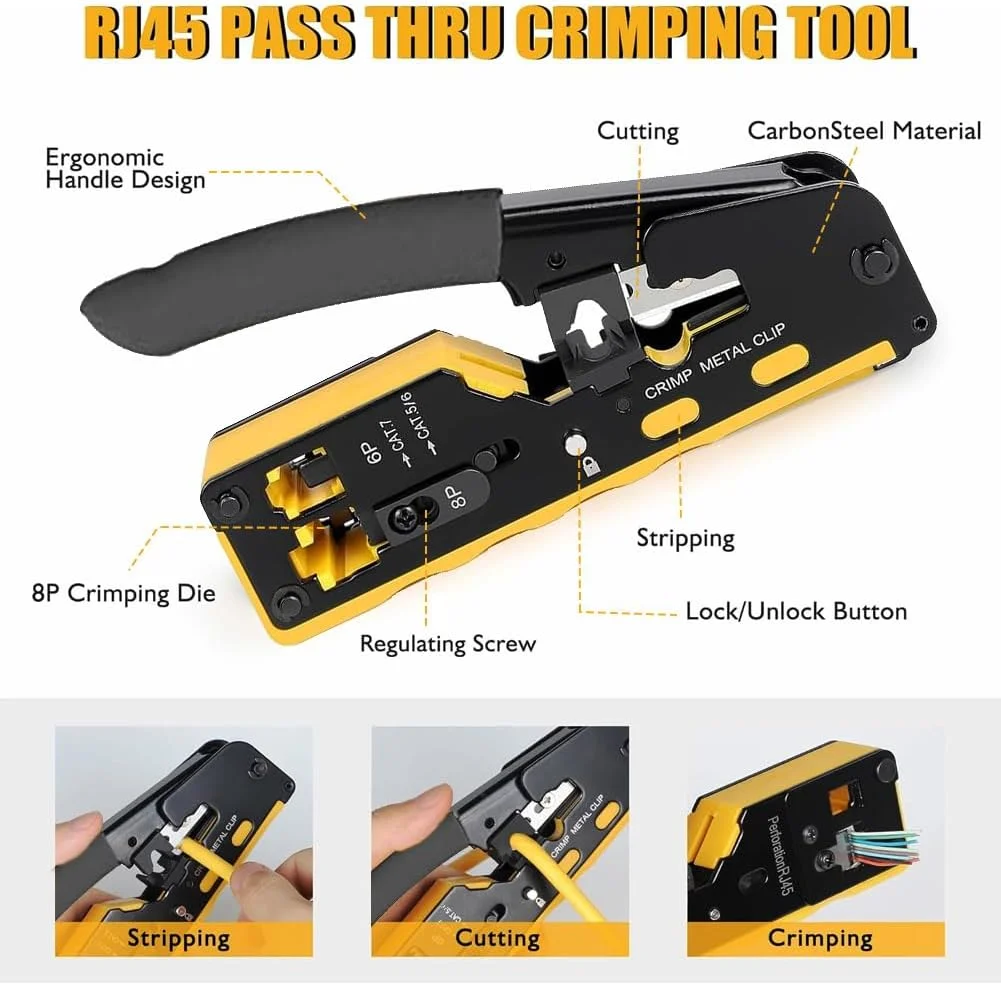 ست ابزار پرس RJ45 MIKUER، ابزار پرس عبوری اترنت، ست تعمیر ابزار پرس شبکه Cat5 Cat6 Cat7 شامل تستر کابل، سیم لخت کن کوچک، تیغه ها، 10 عدد کانکتور