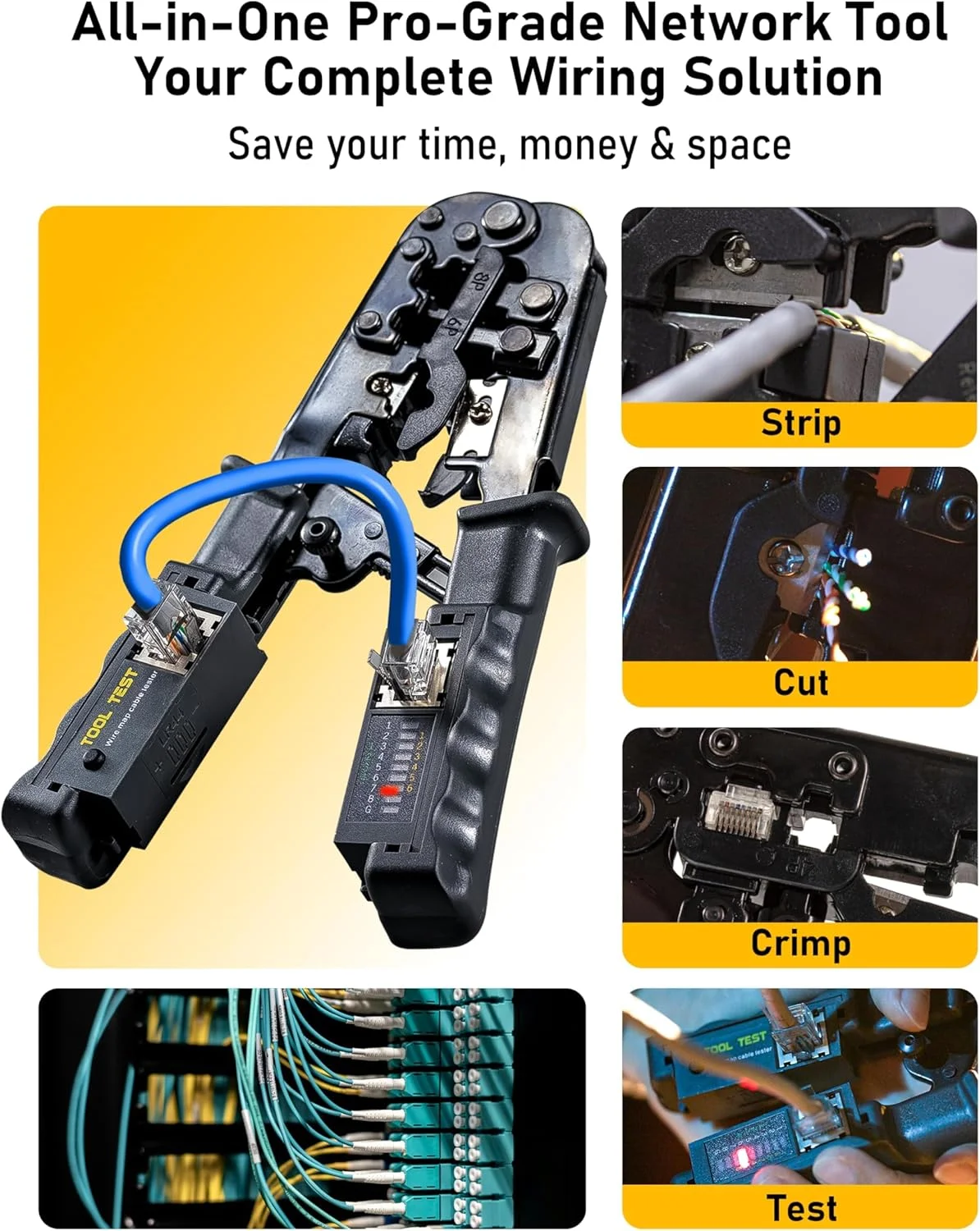 ابزار پرس RJ45 نالاکال با تستر کابل اترنت داخلی، ابزار شبکه 4 در 1، سیم لخت کن، کاتر برای RJ45 RJ11 RJ12، تستر شبکه برای سیم های Cat5 Cat5e Cat6