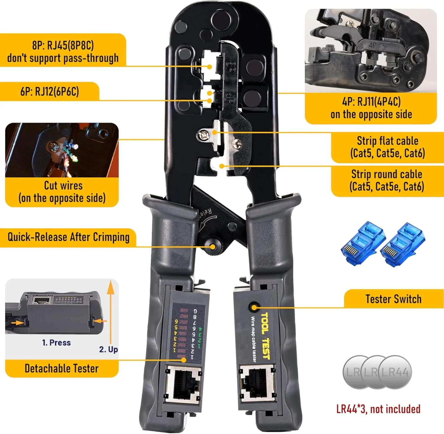 ابزار پرس RJ45 نالاکال با تستر کابل اترنت داخلی، ابزار شبکه 4 در 1، سیم لخت کن، کاتر برای RJ45 RJ11 RJ12، تستر شبکه برای سیم های Cat5 Cat5e Cat6
