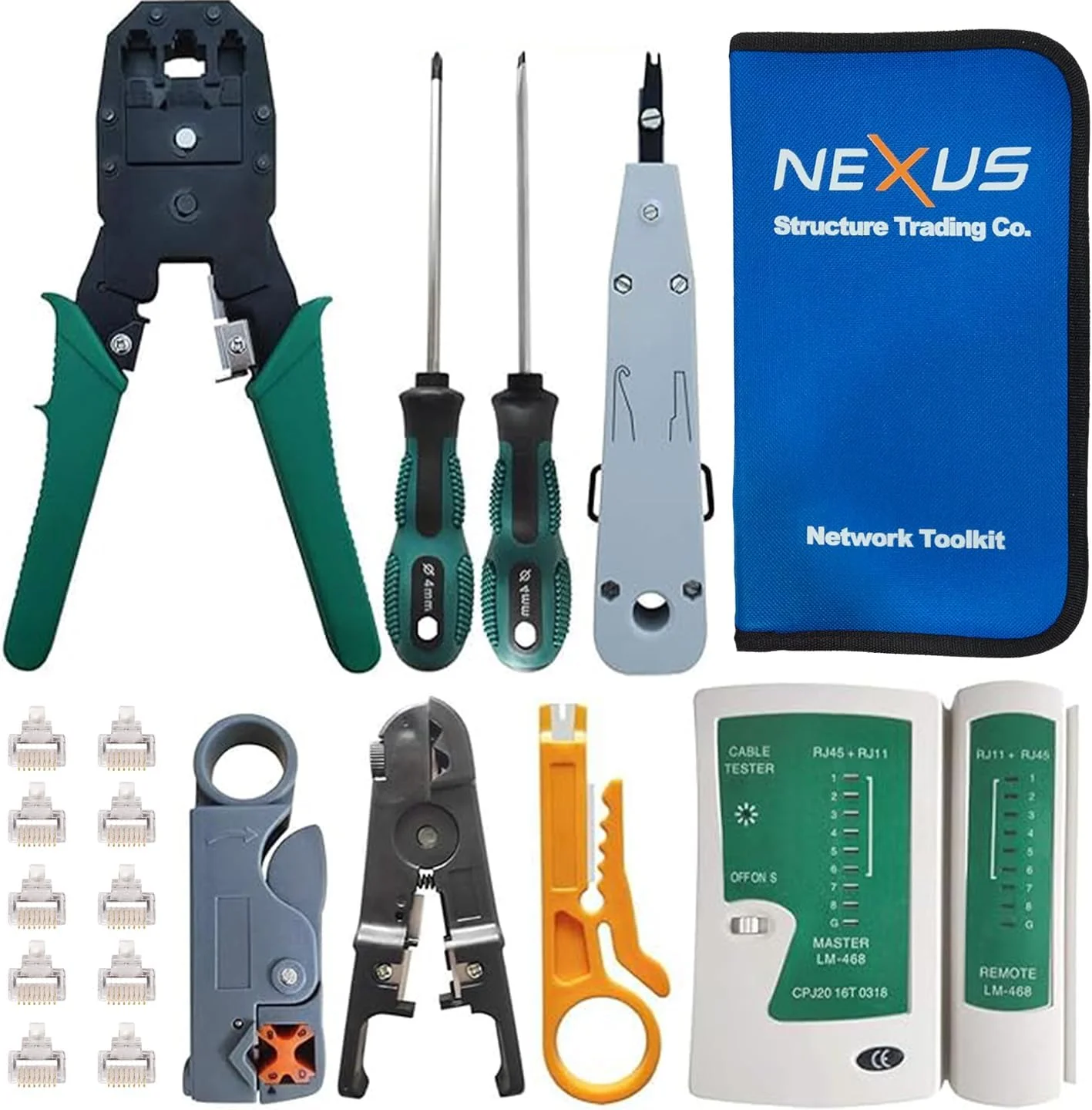 مجموعه ابزار شبکه 9 در 1 نکسوس | مجموعه تعمیر و نصب کابل اترنت با ابزار پرس RJ45، تستر LAN، ابزار پانچ و موارد دیگر - مجموعه ابزار کامل برای CAT5/CAT6/CAT6A در کیف زیپ دار