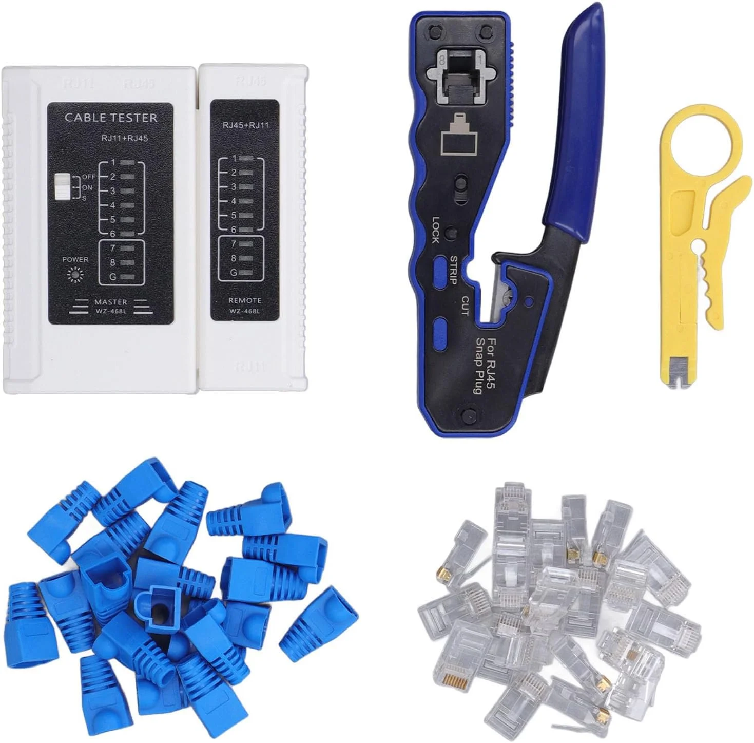 ست ابزار پرس RJ45 شامل انبر پرس کابل شبکه، سیم لخت کن، تستر شبکه، برای کانکتور ماژولار Cat5e Cat6 Cat6a 8P8C