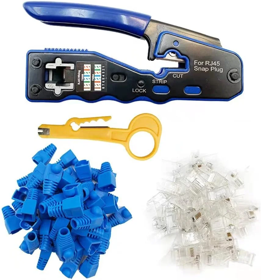 ابزار یکپارچه پرس و خاتمه دهی RJ45، شامل ابزار پرس، 50 عدد کانکتور عبوری CAT6 و 50 عدد روکش محافظ RJ45 Cat6، 1 عدد سیم لخت کن شبکه