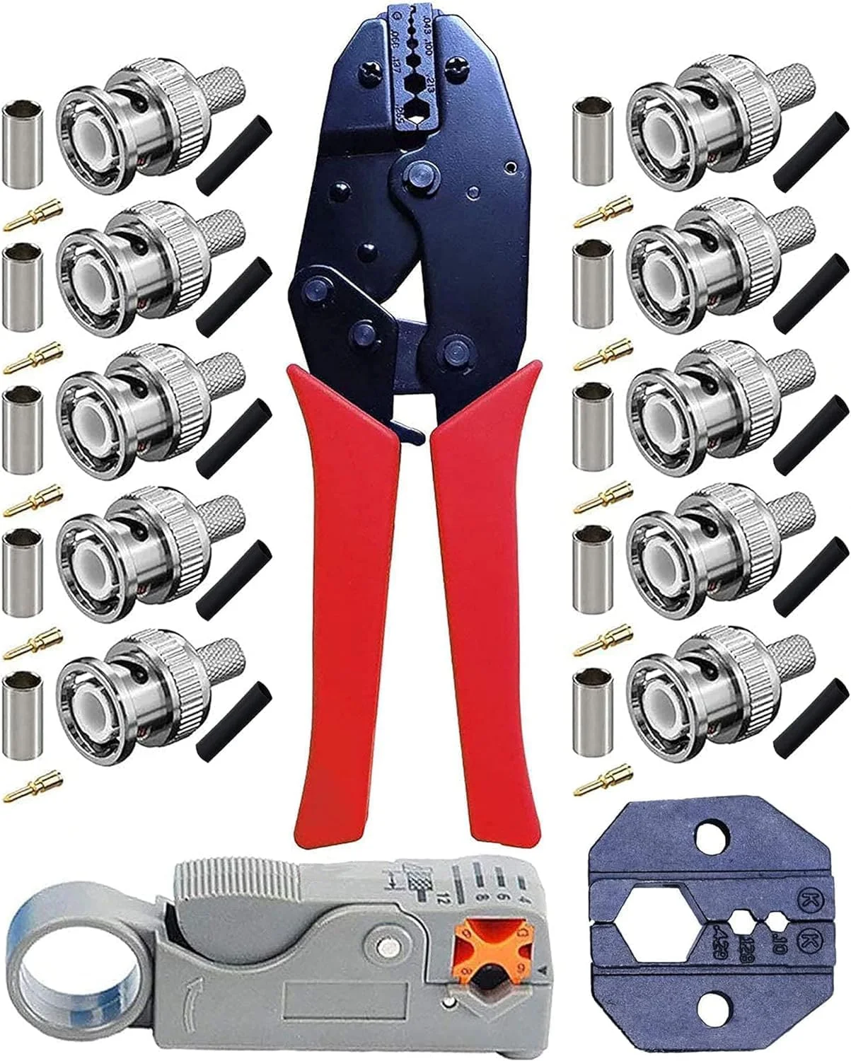 ست ابزار پرس BNC NECALON Kagni، انبر پرس جغجغه ای BNC/TNC و سیم لخت کن چرخشی کابل کواکسیال به همراه 10 عدد کانکتور پرس نری BNC برای RG59، قرمز
