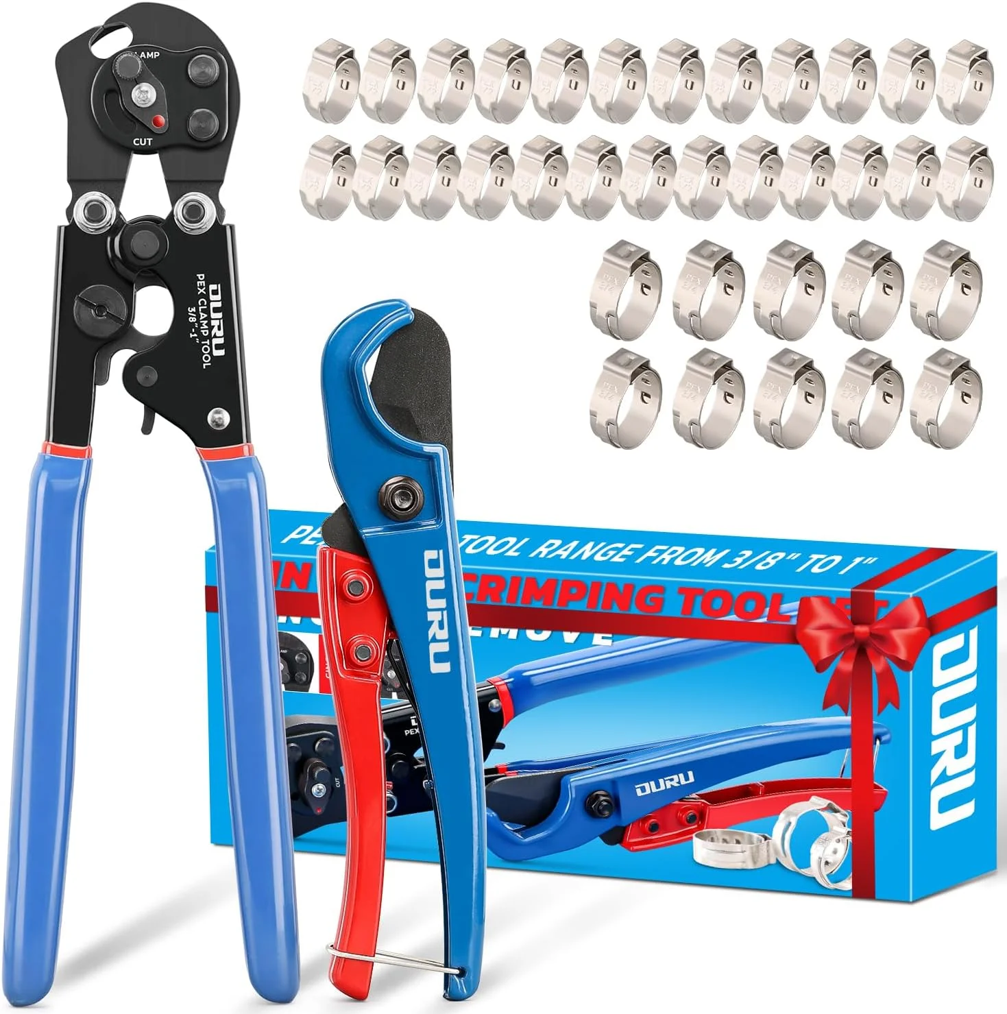 ابزار پرس لوله PEX جغجغه ای 2 در 1 OURU، ابزار پرس لوله Pex با عملکرد ترکیبی سفت کردن و جدا کردن از 3/8 اینچ تا 1 اینچ به همراه برش Pex و بست های Pex استیل ضد زنگ 1/2 اینچ 25 عدد، 3/4 اینچ 10 عدد