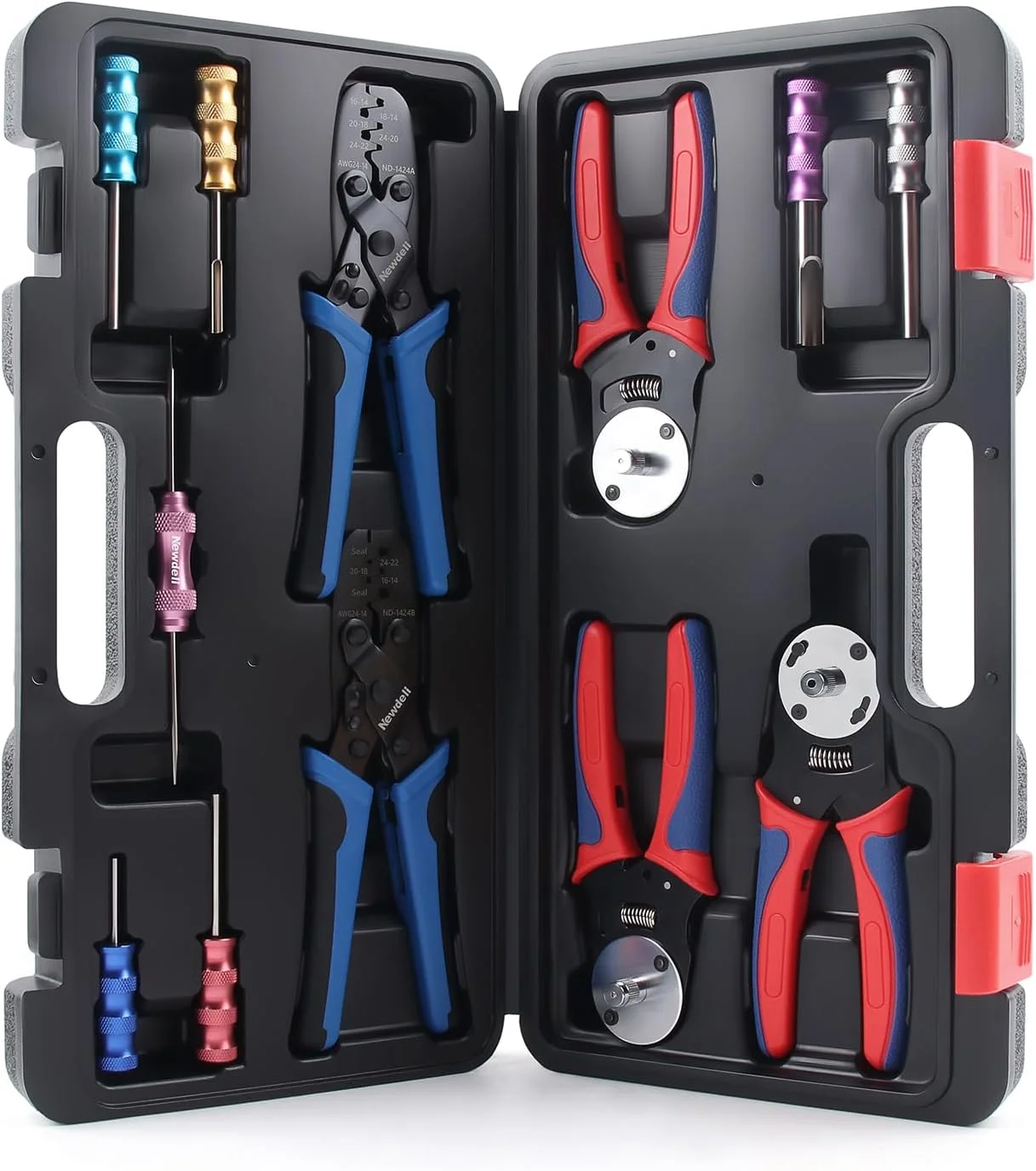 مجموعه ابزار پرس سرسیم نیودلی شامل 12 قطعه، ابزار پرس سرسیم های Deutsch، پرس سرسیم های بشکه بسته و باز به همراه ابزار بیرون آوردن پین Deutsch، ابزار اتصال پرس سیم برای ترمینال های DT Solid Contacts Molex Delphi