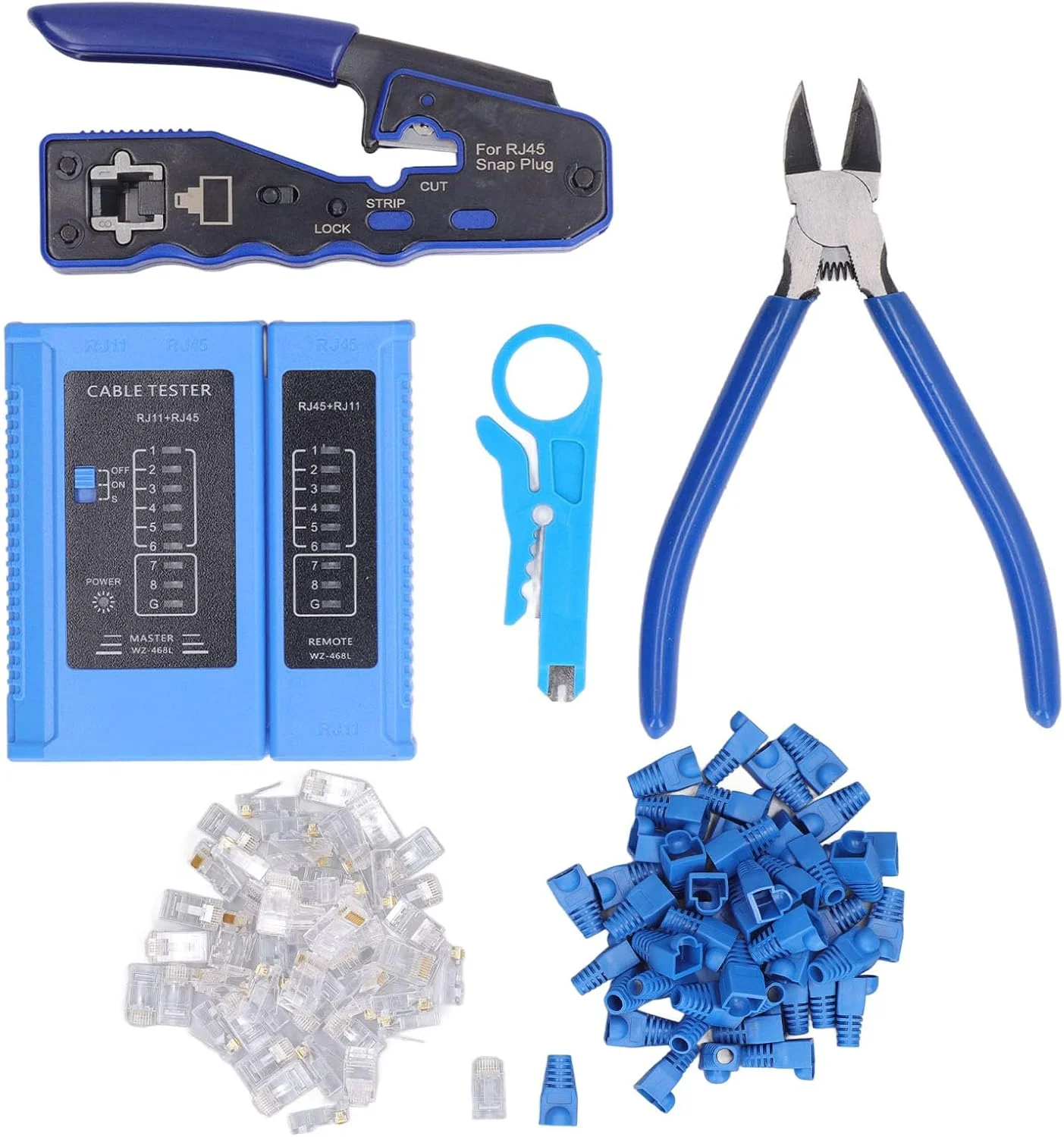 کیت ابزار پرس RJ45، سیم لخت کن و کاتر، تستر کابل اترنت سر کریستالی 8P8C، برای Cat5e Cat6 Cat6a