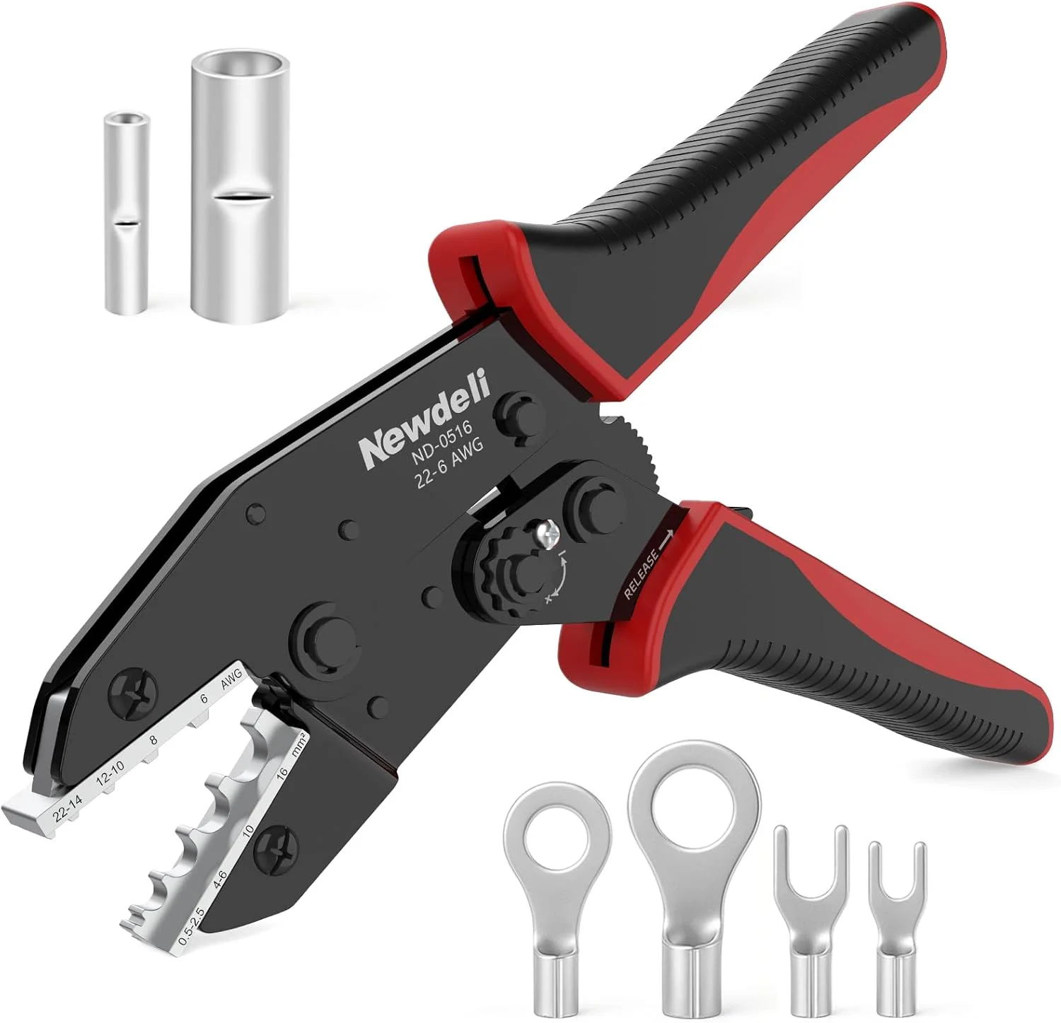 ابزار سیم چین Newdeli برای اتصالات سیمی غیر عایق - ابزار سیم چین جغجغه ای AWG 22-6 ابزار چین دار حلقه ای غیر عایق الکتریکی