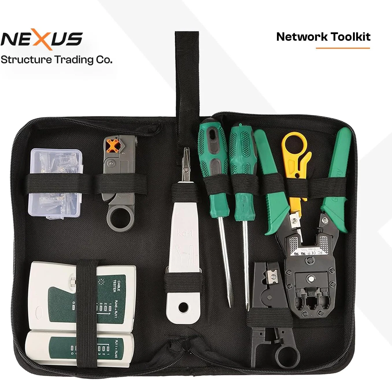 مجموعه ابزار شبکه 9 در 1 نکسوس | مجموعه تعمیر و نصب کابل اترنت با ابزار پرس RJ45، تستر LAN، ابزار پانچ و موارد دیگر - مجموعه ابزار کامل برای CAT5/CAT6/CAT6A در کیف زیپ دار مجموعه ابزار شبکه 9 در 1 نکسوس | مجموعه تعمیر و نصب کابل اترنت با ابزار پرس RJ45، تستر LAN، ابزار پانچ و موارد دیگر - مجموعه ابزار کامل برای CAT5/CAT6/CAT6A در کیف زیپ دار