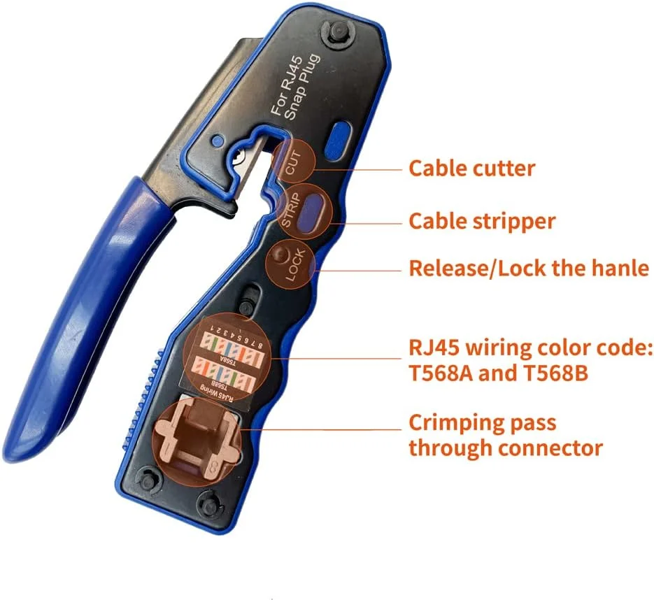 ابزار یکپارچه پرس و خاتمه دهی RJ45، شامل ابزار پرس، 50 عدد کانکتور عبوری CAT6 و 50 عدد روکش محافظ RJ45 Cat6، 1 عدد سیم لخت کن شبکه
