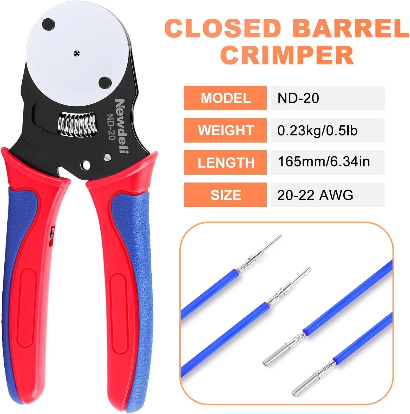 ابزار پرس سرسیم Deutsch مدل Newdeli سایز 20، ابزار اتصال Deutsch، پرس چهار طرفه، 8 فرورفتگی، مناسب برای سرسیم های بسته 20 و 22 AWG و اتصالات دایره ای