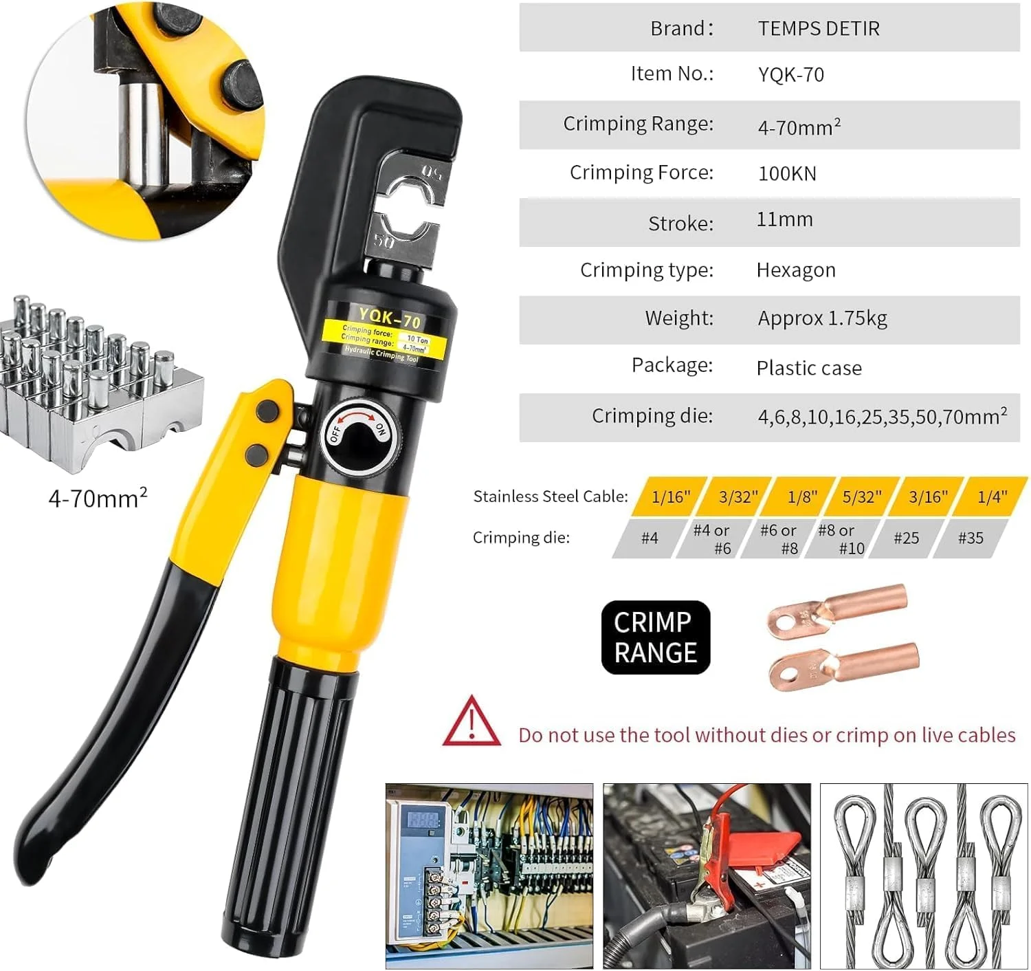 ست ابزار پرس هیدرولیک، 8 تن 12 AWG تا 00 (2/0) پرس کابل باتری برای سیم کابل ترمینال الکتریکی و پرس شلنگ هیدرولیک