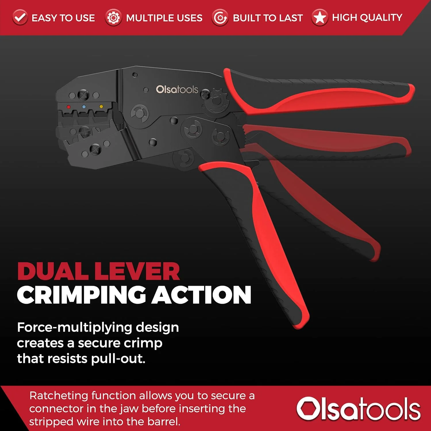 ابزار پرس سرسیم جغجغه ای Olsa Tools | ابزار پرس برای اتصالات سیم، اتصالات لب به لب، اتصالات چنگالی و اتصالات الکتریکی عایق شده | ابزار پرس ترمینال سیم | پرس ترمینال حرفه ای