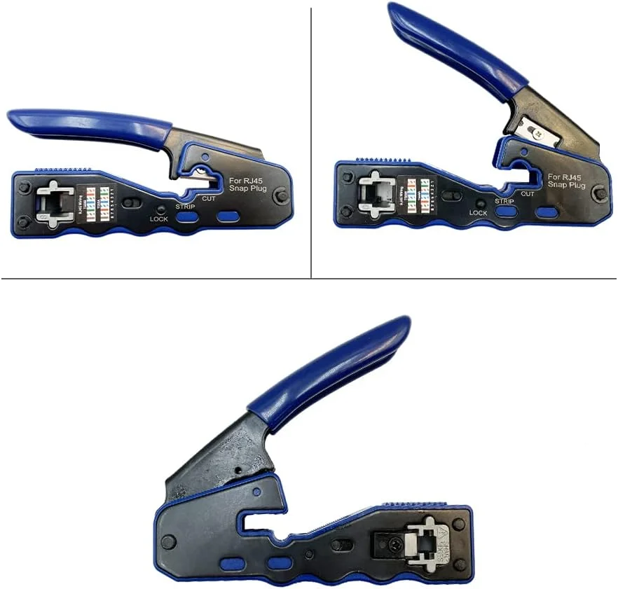 ابزار یکپارچه پرس و خاتمه دهی RJ45، شامل ابزار پرس، 50 عدد کانکتور عبوری CAT6 و 50 عدد روکش محافظ RJ45 Cat6، 1 عدد سیم لخت کن شبکه